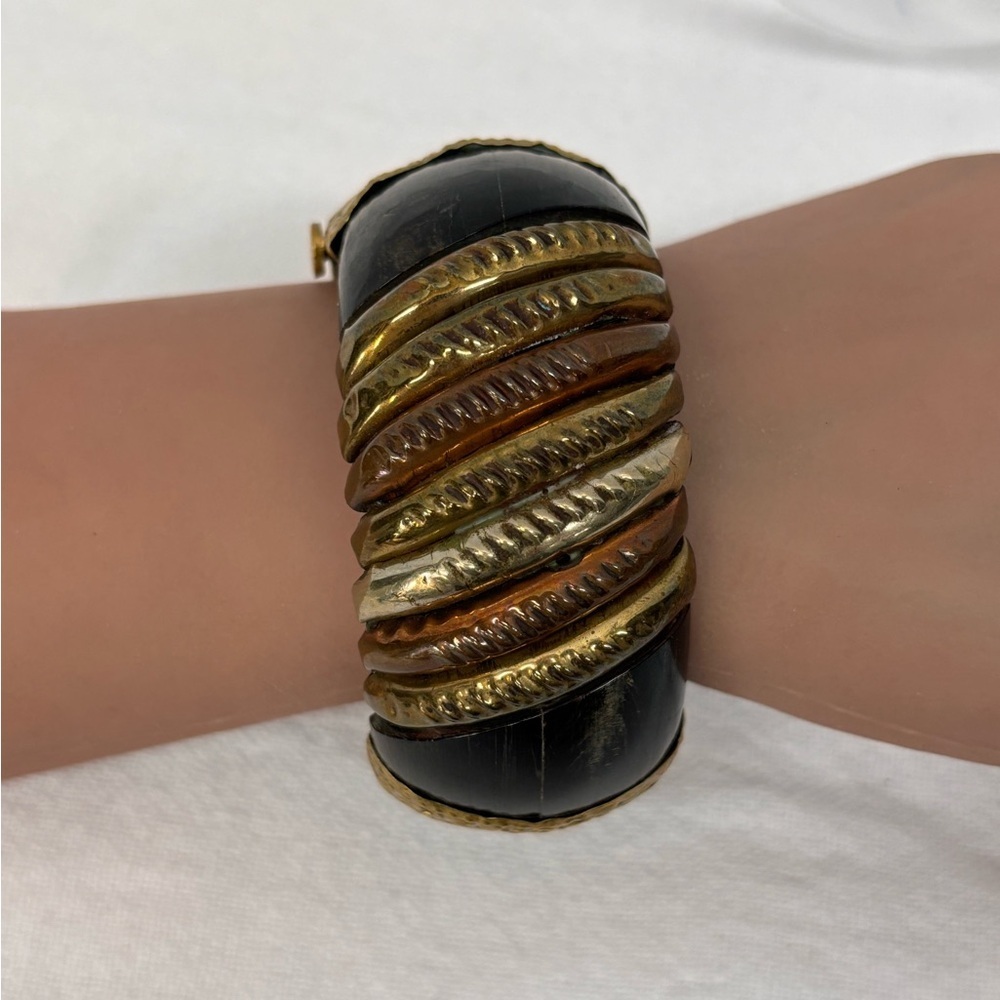 Vintage Hinged Dark Wood Mixed Metals Statement Bangle Bracelet